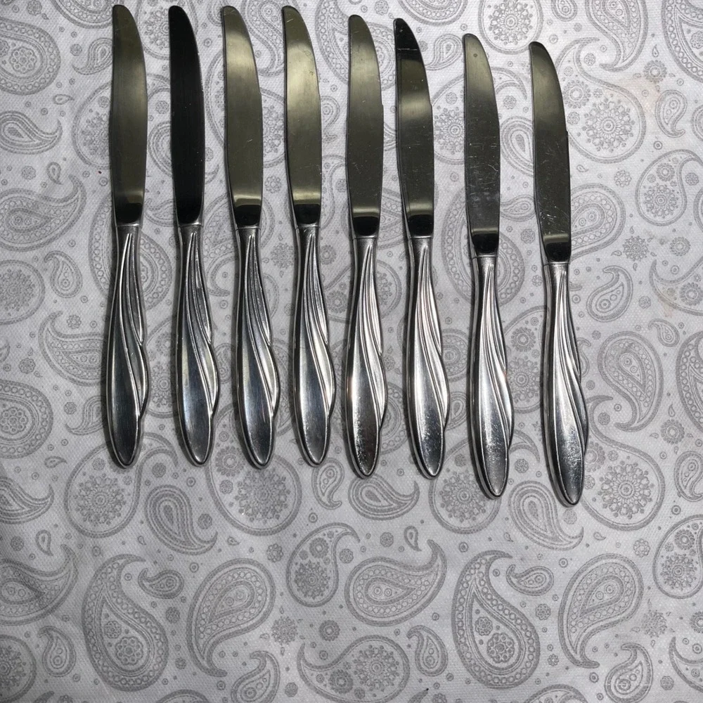 Vintage Stainless Steel Dinner Knives 9pc Swirl Handle MCM Style